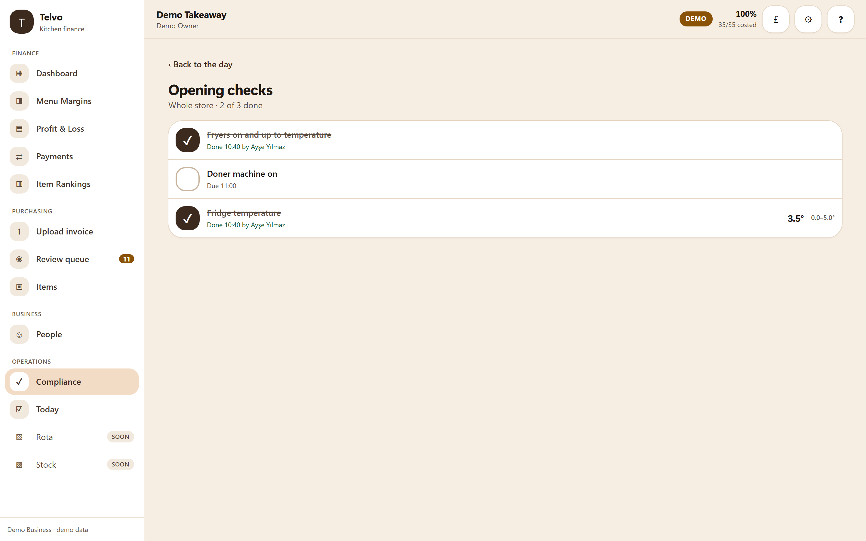 The app showing a day of checklist items: the completed ones each carry the name of the person who did them and the time the server recorded it, and the items that need a photo are still outstanding.