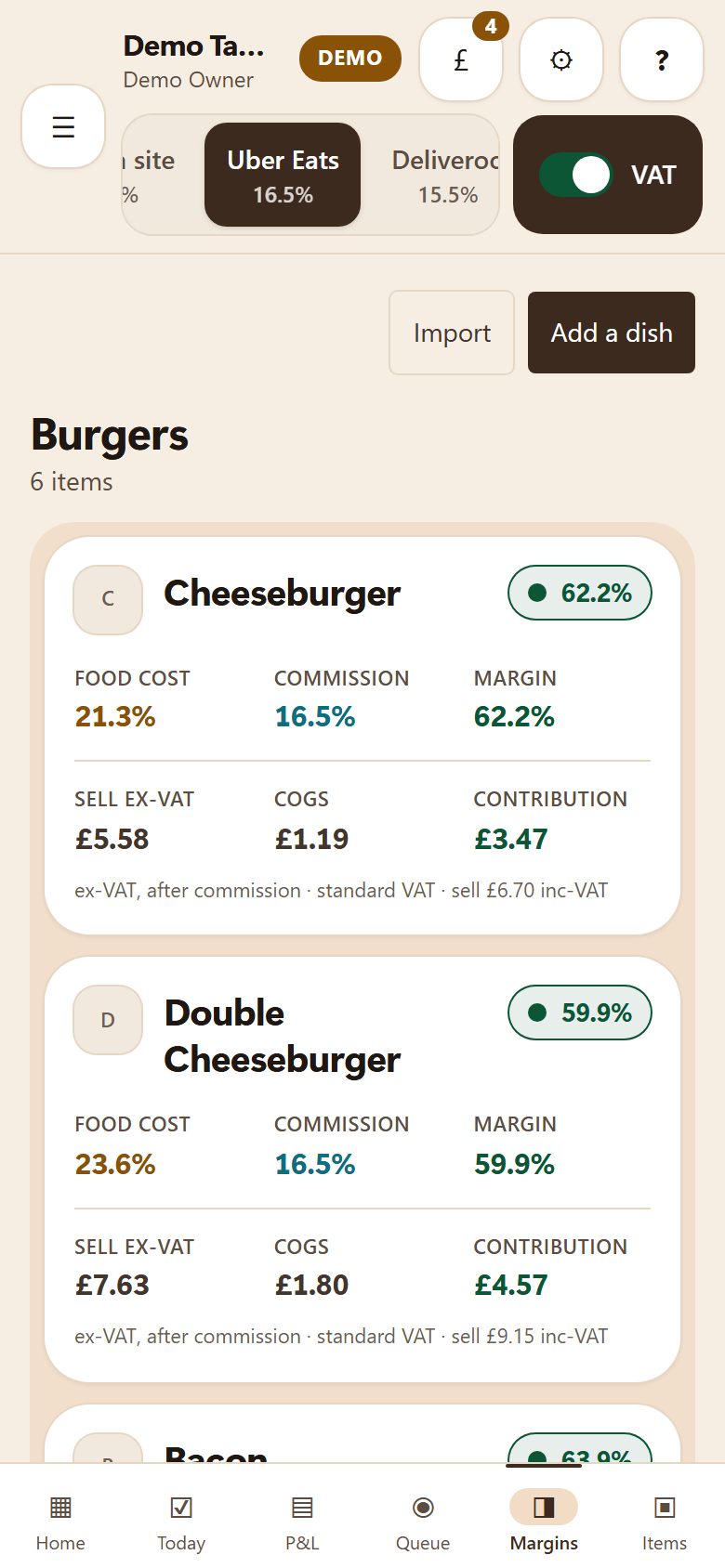 The app’s Margins screen showing one dish on one channel: food cost, commission and margin.