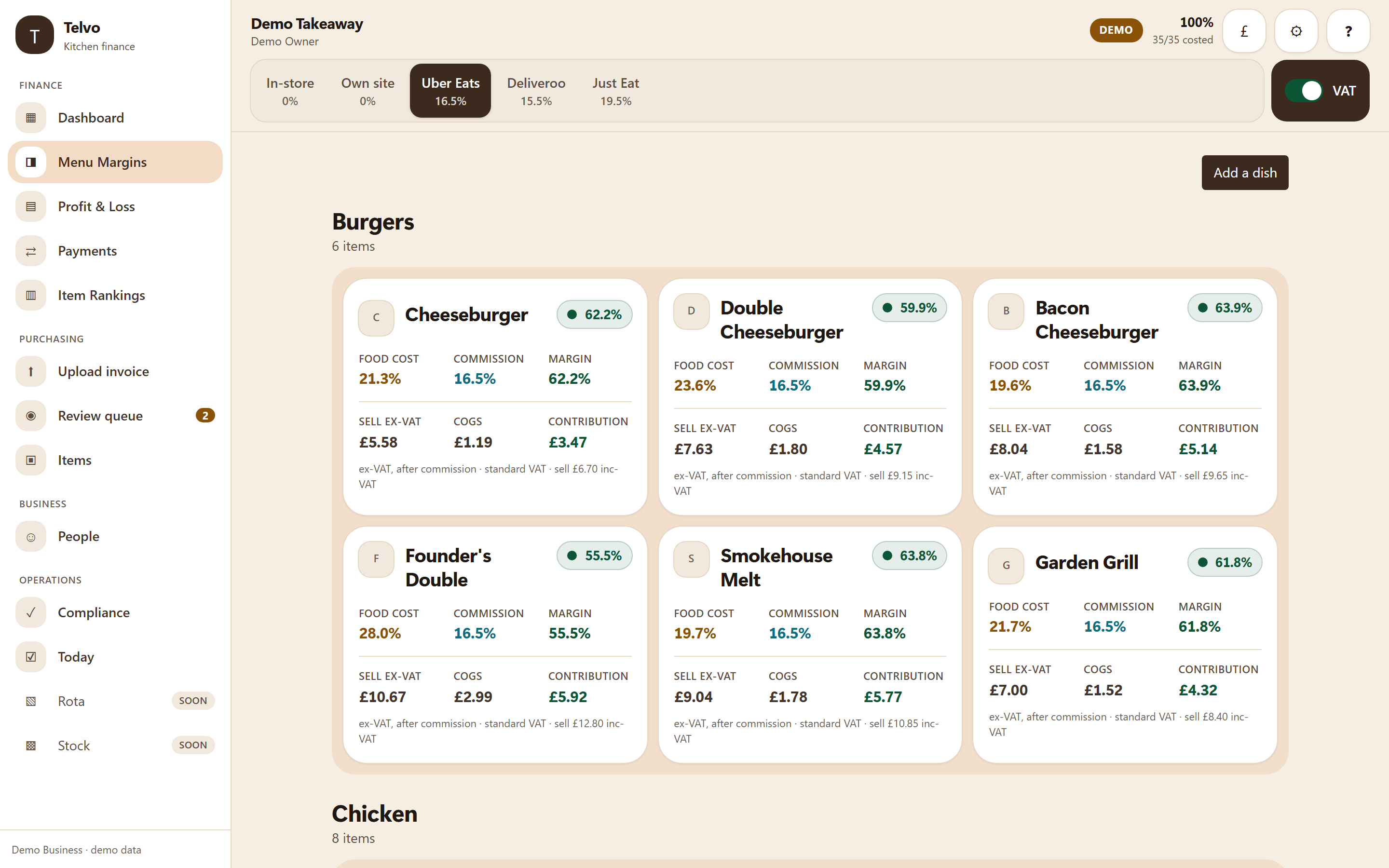 The app showing one menu item priced and costed separately for each channel it sells on.