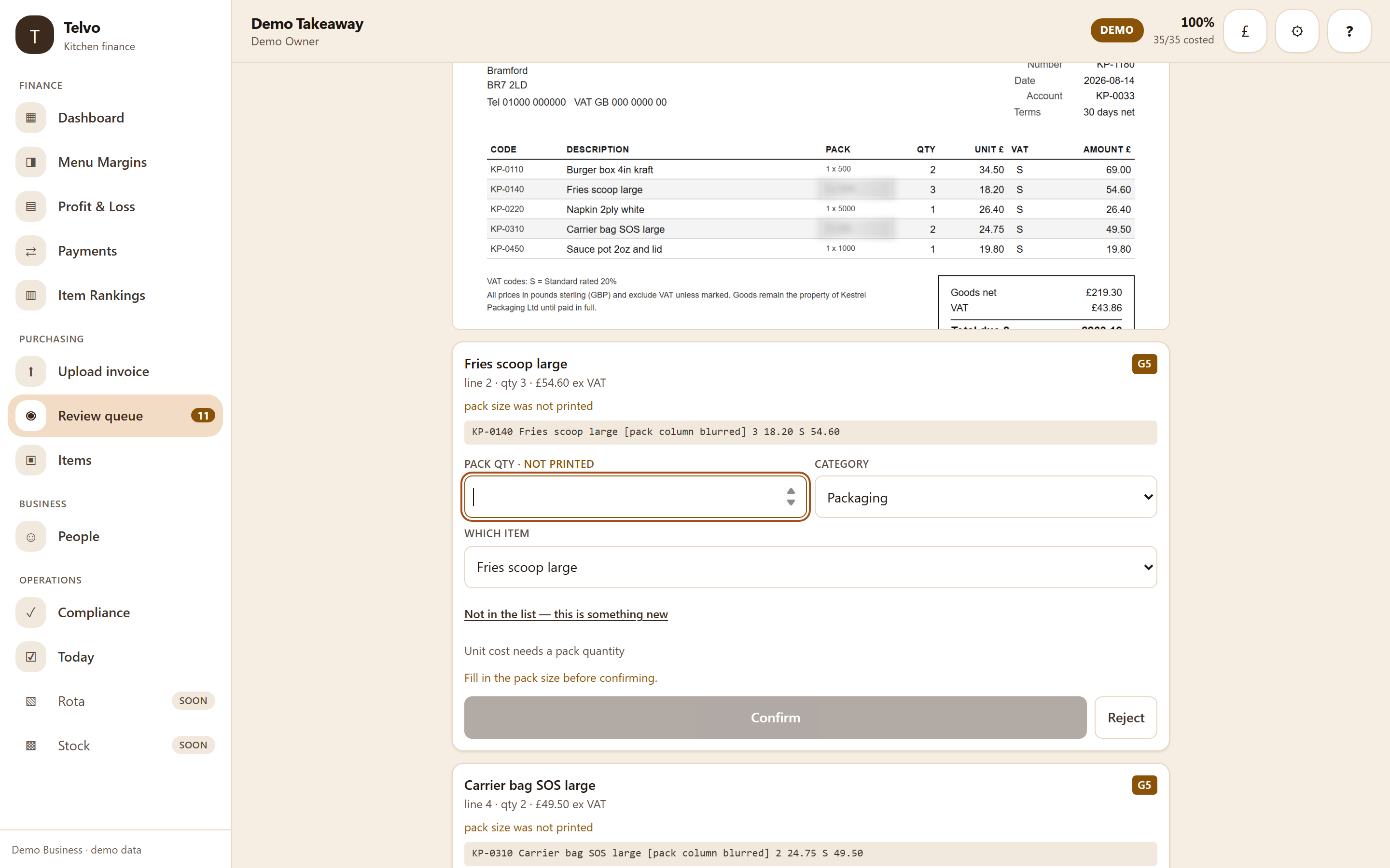 The app’s review queue showing an invoice line held for checking, the reason it was held, and the photograph of the invoice above it.